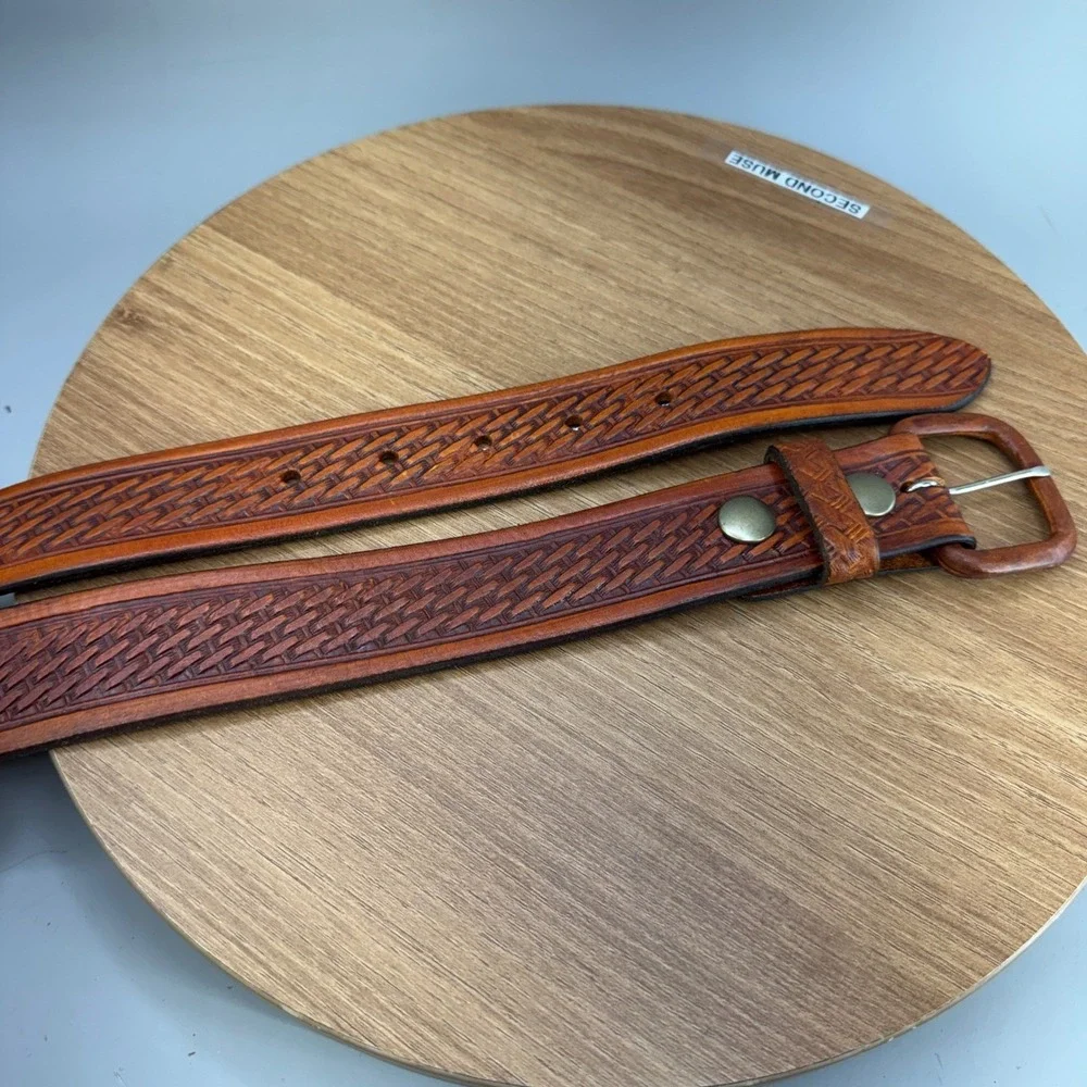 Unbranded Basketweave Leather Belt 34 Brown Western‎ Cowboy Tooled Boho Rugged